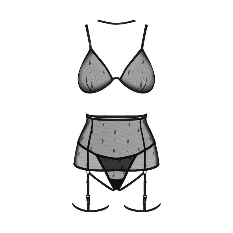 Ensemble lingerie noir porte-jarretelles jarretières détachables soutien-gorge string polyamide élasthanne