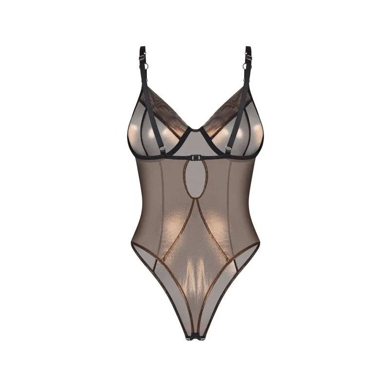 Body Soranna en maille dorée transparente avec armatures, design élégant et audacieux pour sublimer la silhouette féminine.