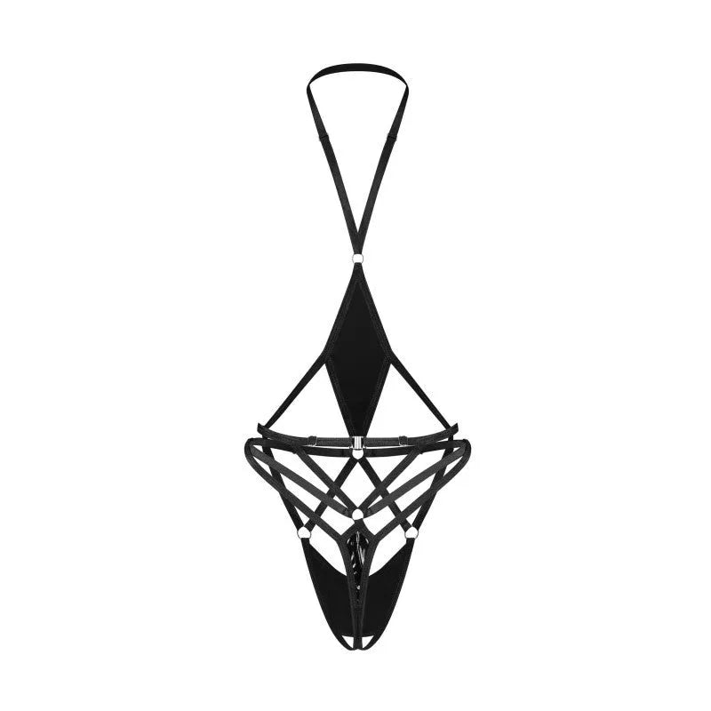 Body ouvert noir en latex ajustable, design sensuel Keira Lise, pour femmes confiantes, mettant en valeur la silhouette.