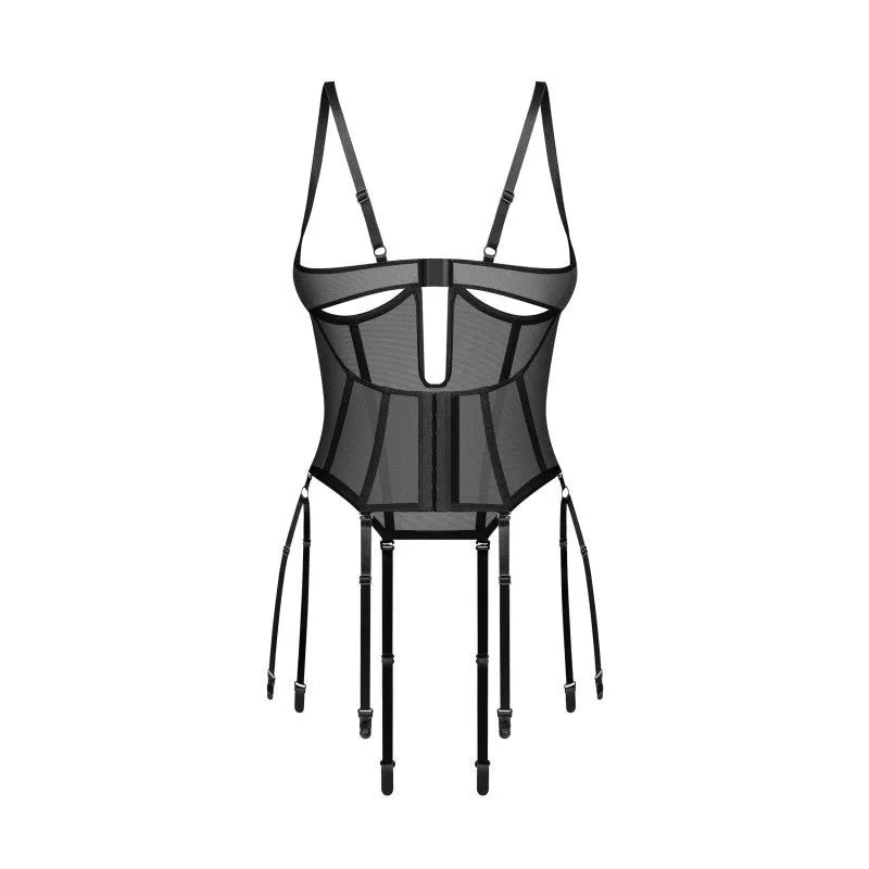 Corset ouvert noir sans bonnets, tissu semi-transparent, jarretelles amovibles, design élégant et ajustable.