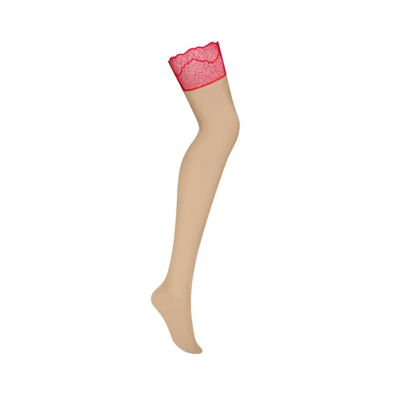 Bas nude avec dentelle rouge élégante, extensible et confortable, idéal pour une allure chic et sophistiquée.