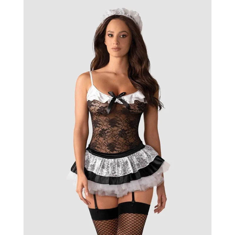 Costume femme de chambre sexy noir et blanc, corset en dentelle, jarretelles réglables, jupe courte, coiffe assortie.
