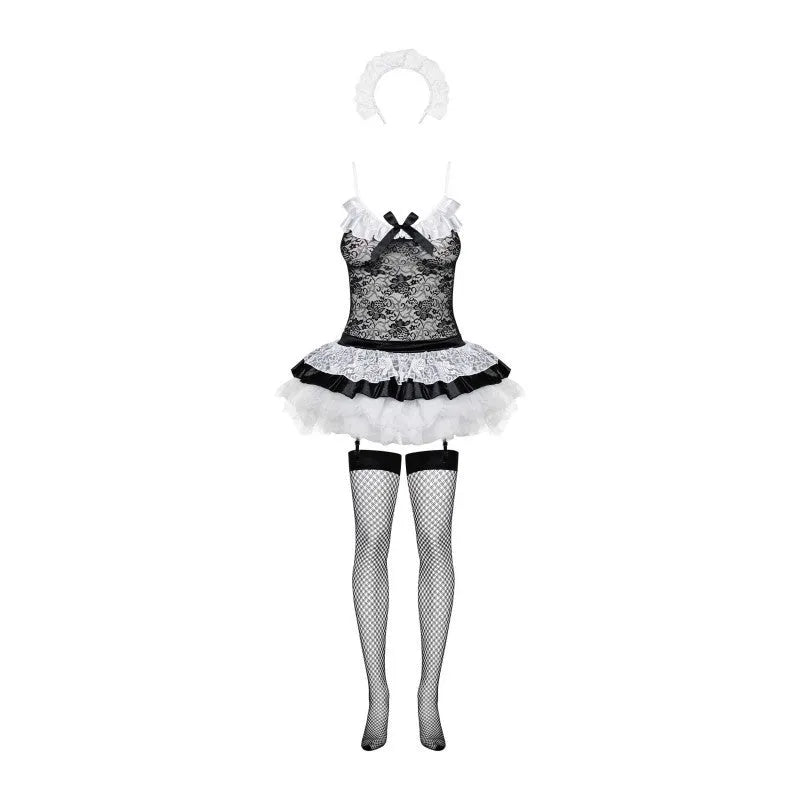 Costume femme de chambre noir et blanc, corset dentelle, jupe tutu, jarretelles réglables, serre-tête inclus.
