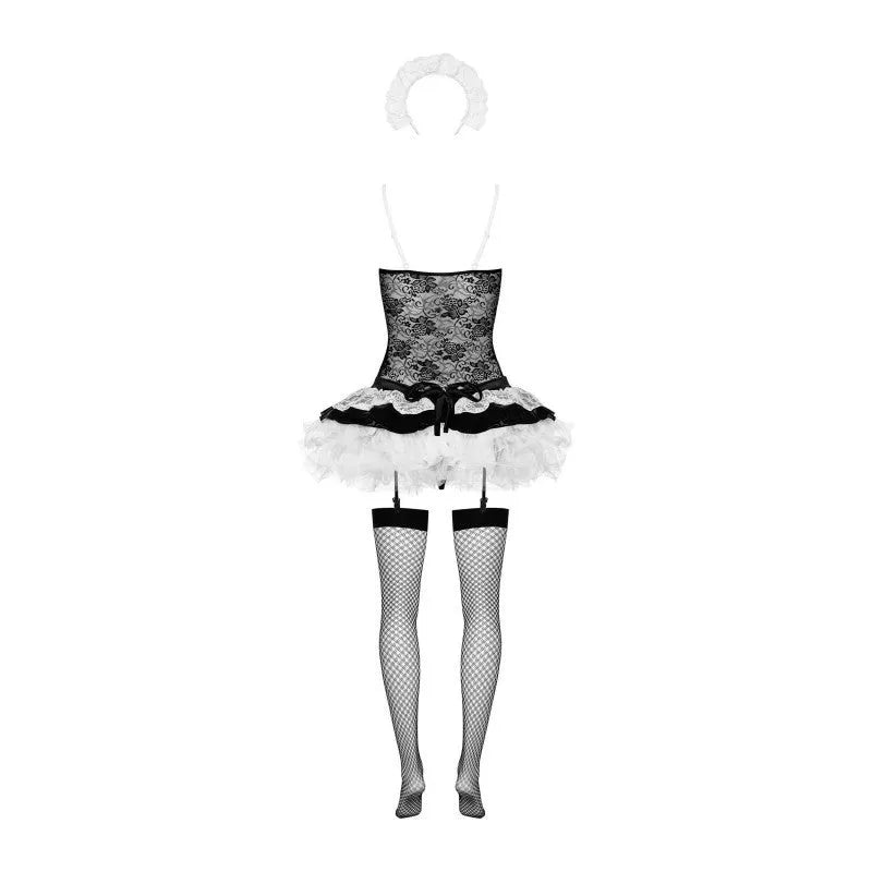 Costume femme de chambre noir et blanc, corset dentelle, jarretelles réglables, jupe courte, serre-tête assorti.