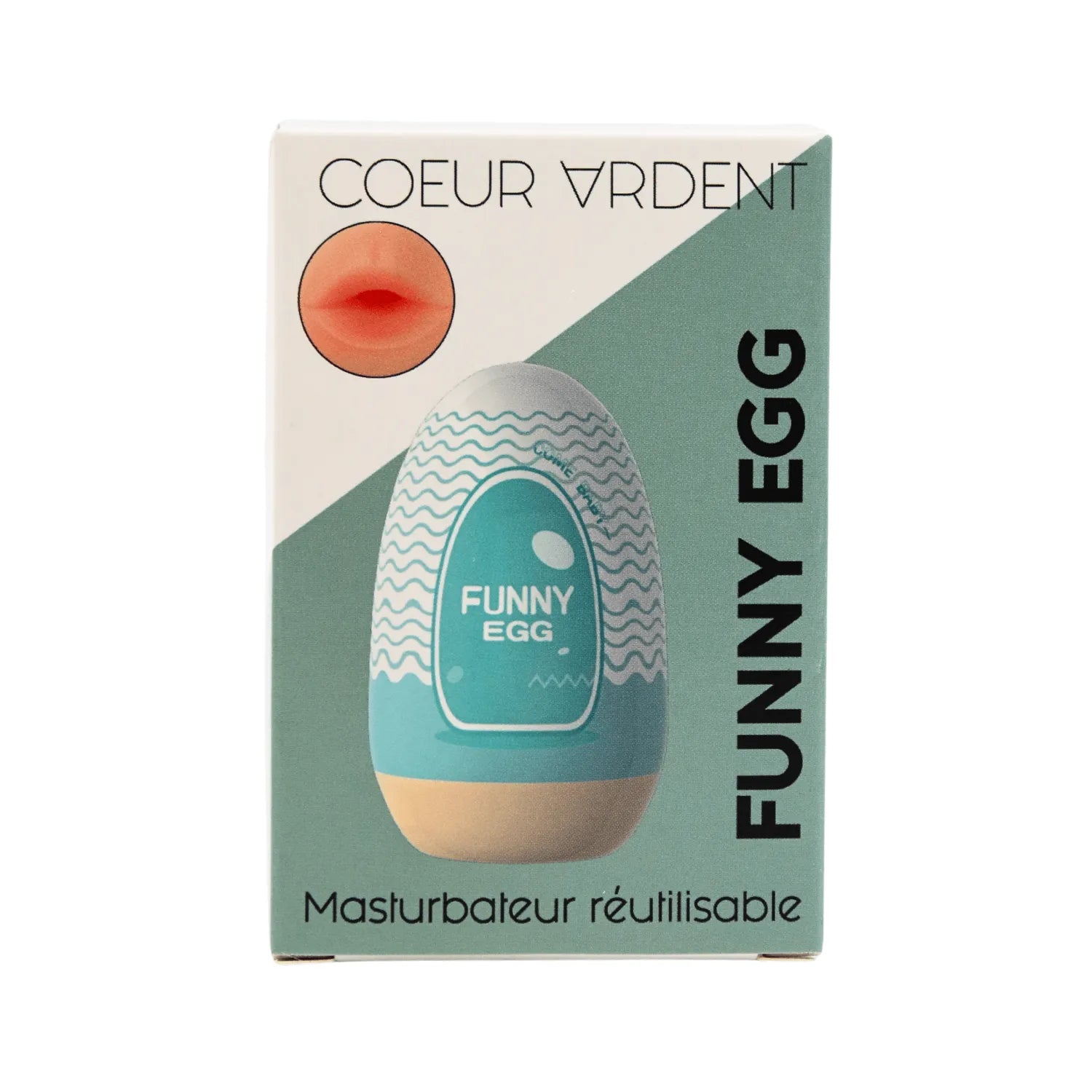 Gaine masturbatrice réutilisable bouche réaliste, TPE doux, design discret et extensible, emballage Funny Egg.