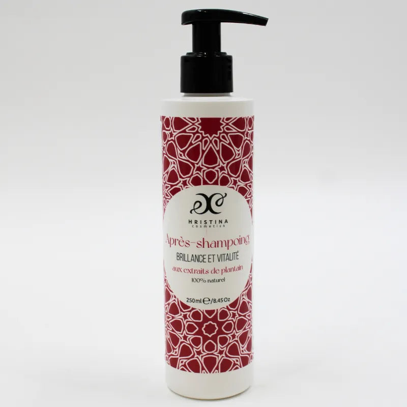 Flacon blanc 250ml d'après-shampoing naturel, motif rouge, pompe noire, enrichi en huiles de sésame, karité, plantain.