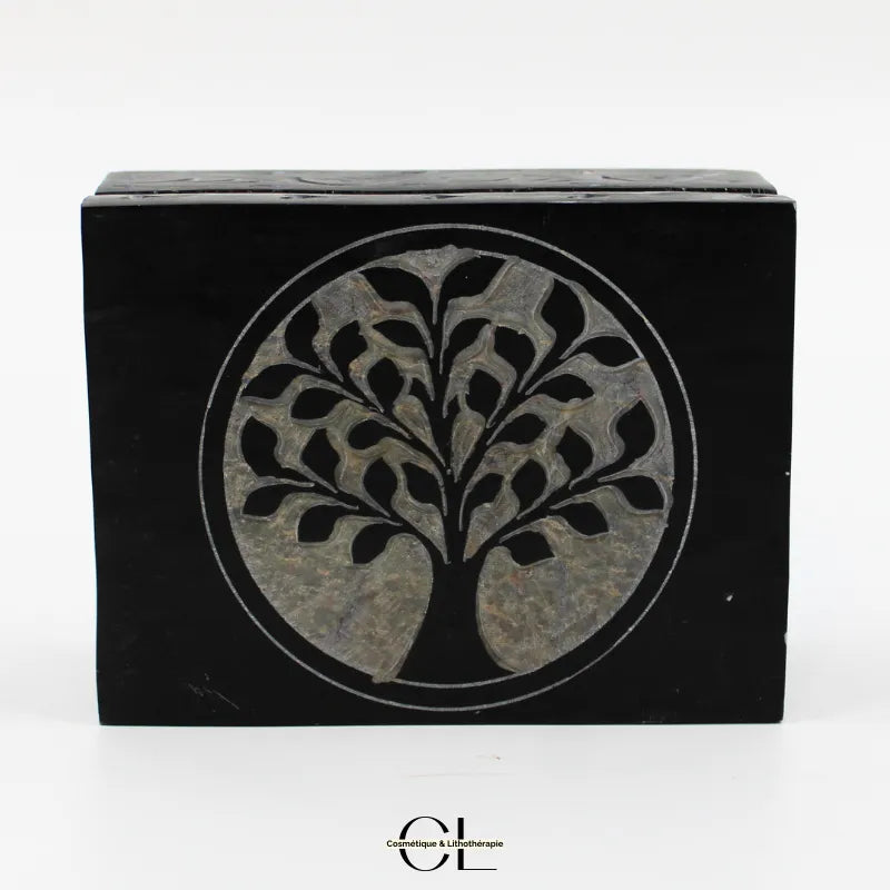 Boîte à bijoux en saponite noire, gravée Arbre de Vie, 10cm, élégante et spirituelle, décoration intérieure raffinée.