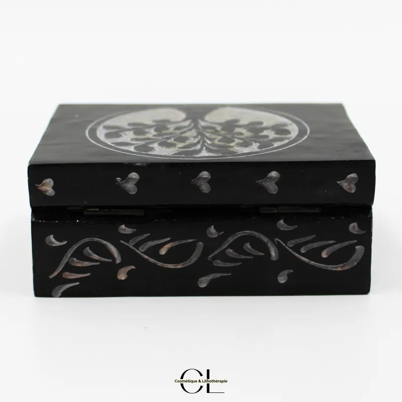 Boîte à bijoux en saponite noire gravée Arbre de Vie, 10cm, décorative et spirituelle, élégante et apaisante.