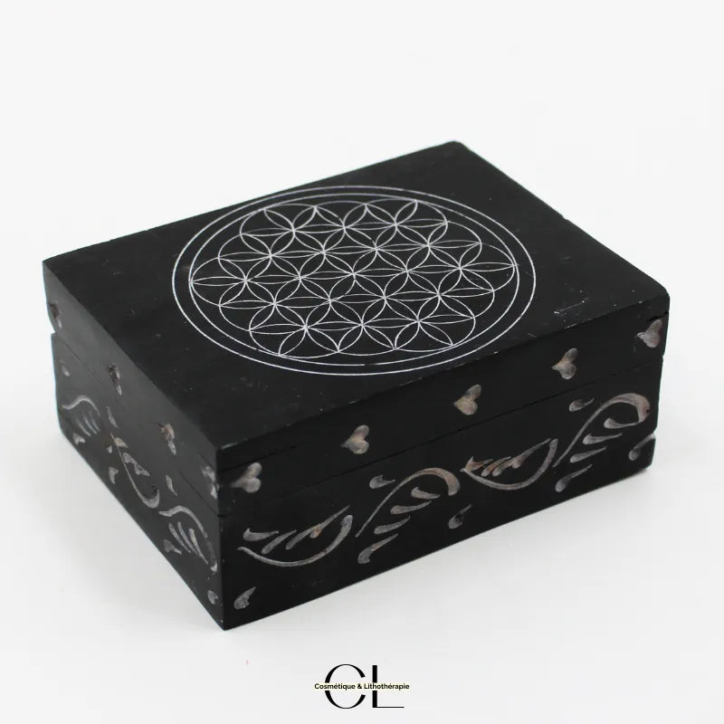 Boîte à bijoux pierre saponite sculptée motif Fleur de Vie spirituelle 10cm