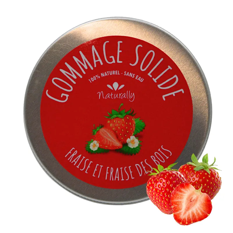 Gommage corporel fraise beurre karité, pot rond rouge, étiquette fraise, exfoliant naturel hydratant peau douce.