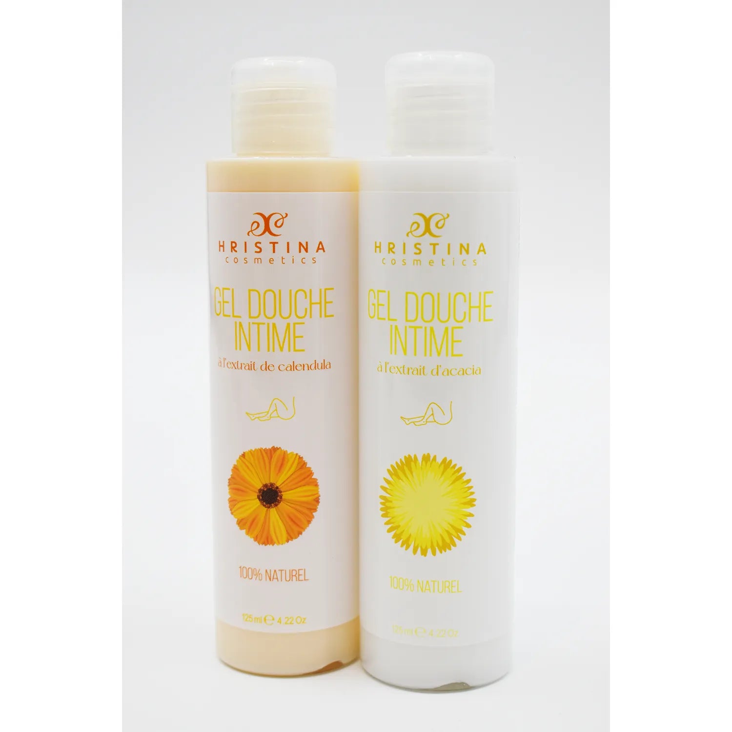 Gel douche intime naturel calendula, flacon 125ml, design épuré, étiquette blanche et orange, idéal peaux sensibles.