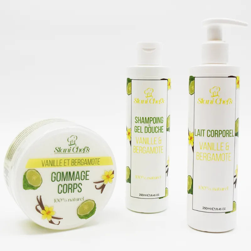 Flacon gel douche vanille bergamote, design épuré, étiquette verte, huiles nourrissantes, hydratation peau cheveux.