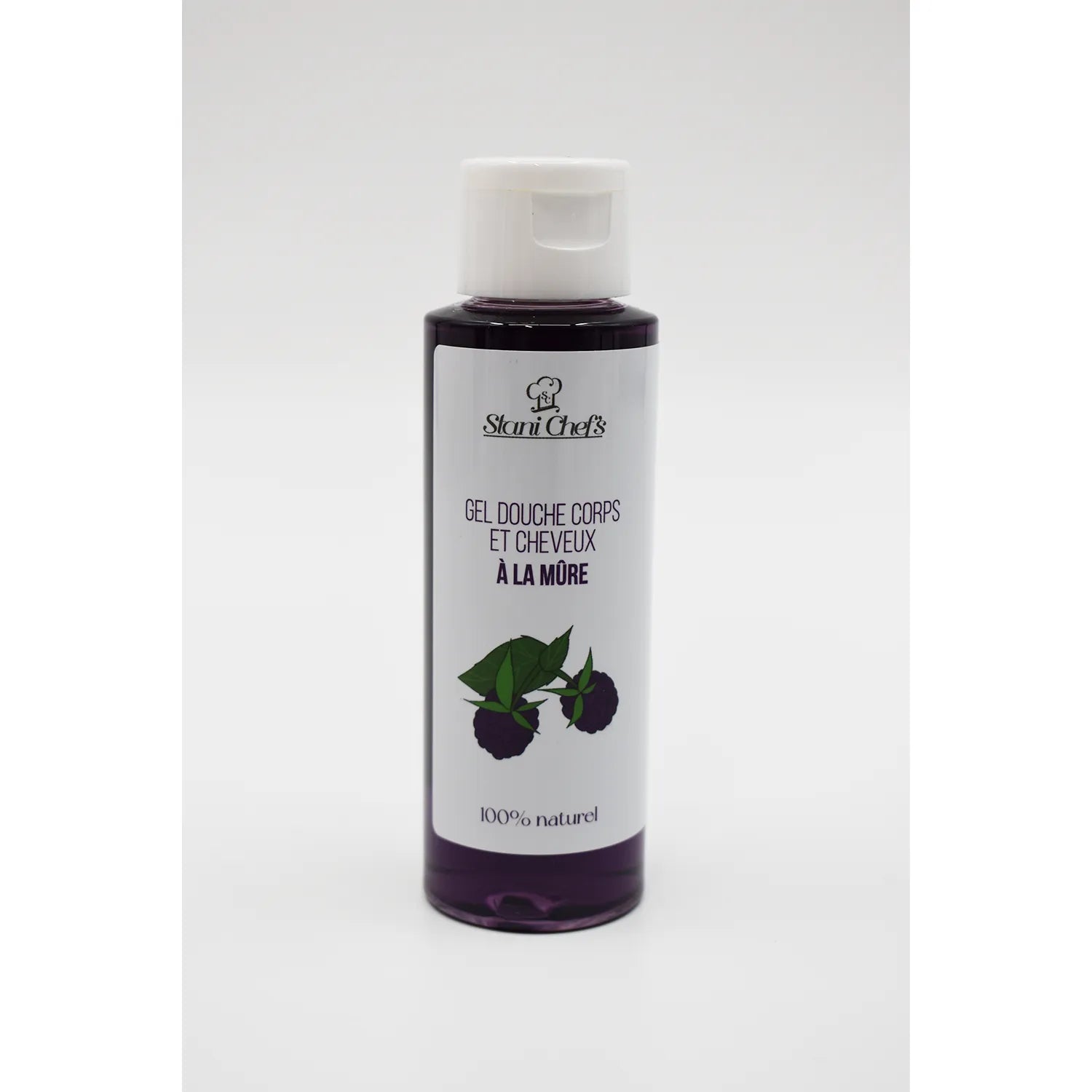 Flacon de gel douche naturel hydratant mûre amande douce, liquide violet, étiquette blanche, 100% naturel.