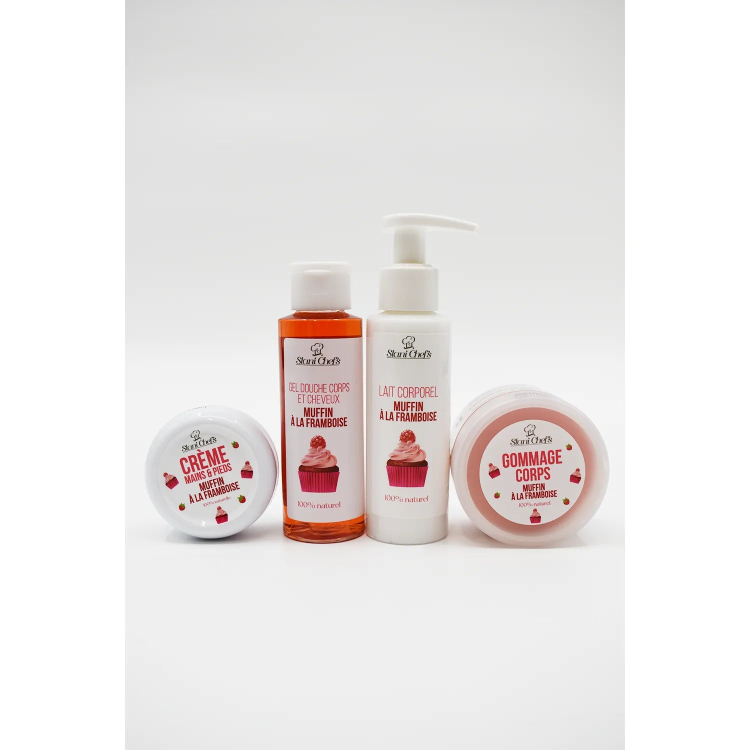 Gel douche shampoing bébé framboise 100ml, flacon rose, bouchon blanc, design muffin, pour peau délicate, hydratant naturel.