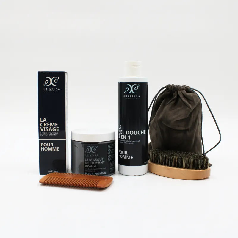 Coffret soins visage et barbe pour homme, hydratation naturelle, parfum boisé, avec crème, gel, brosse et peigne.