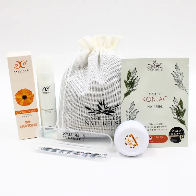 Coffret soin anti-imperfections naturel avec masque konjac, crème, et outils, idéal pour peau acnéique, charbon bambou.