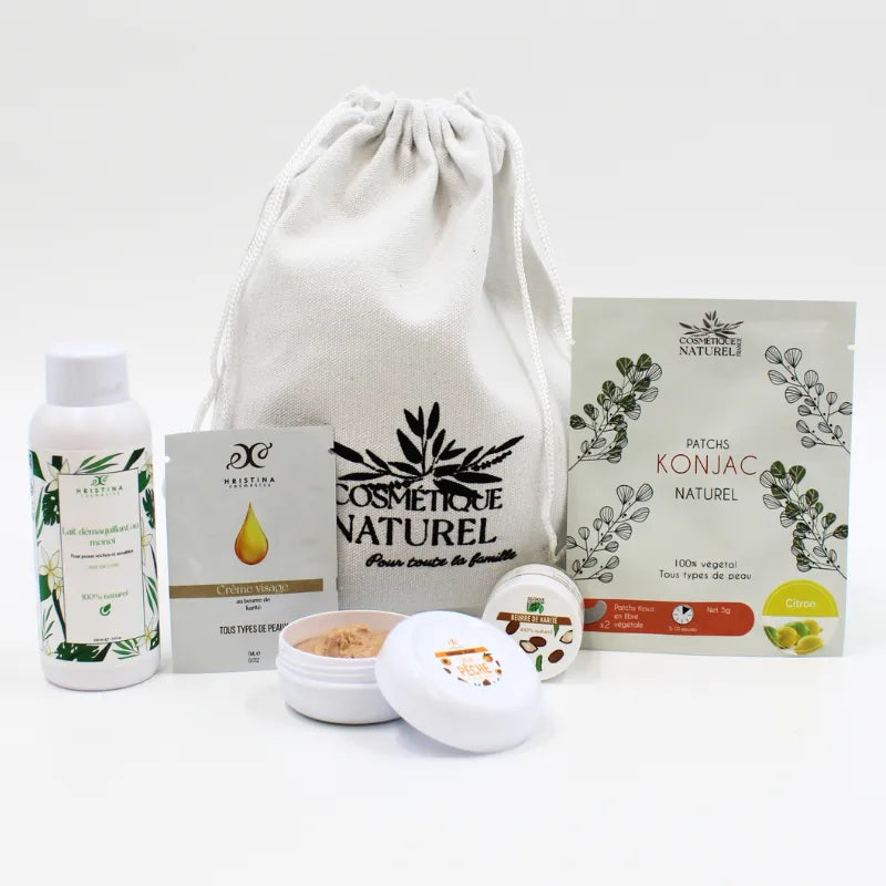 Coffret beauté naturelle avec beurre karité, gommage pêche, pochon blanc, produits cosmétiques naturels, soin peau.