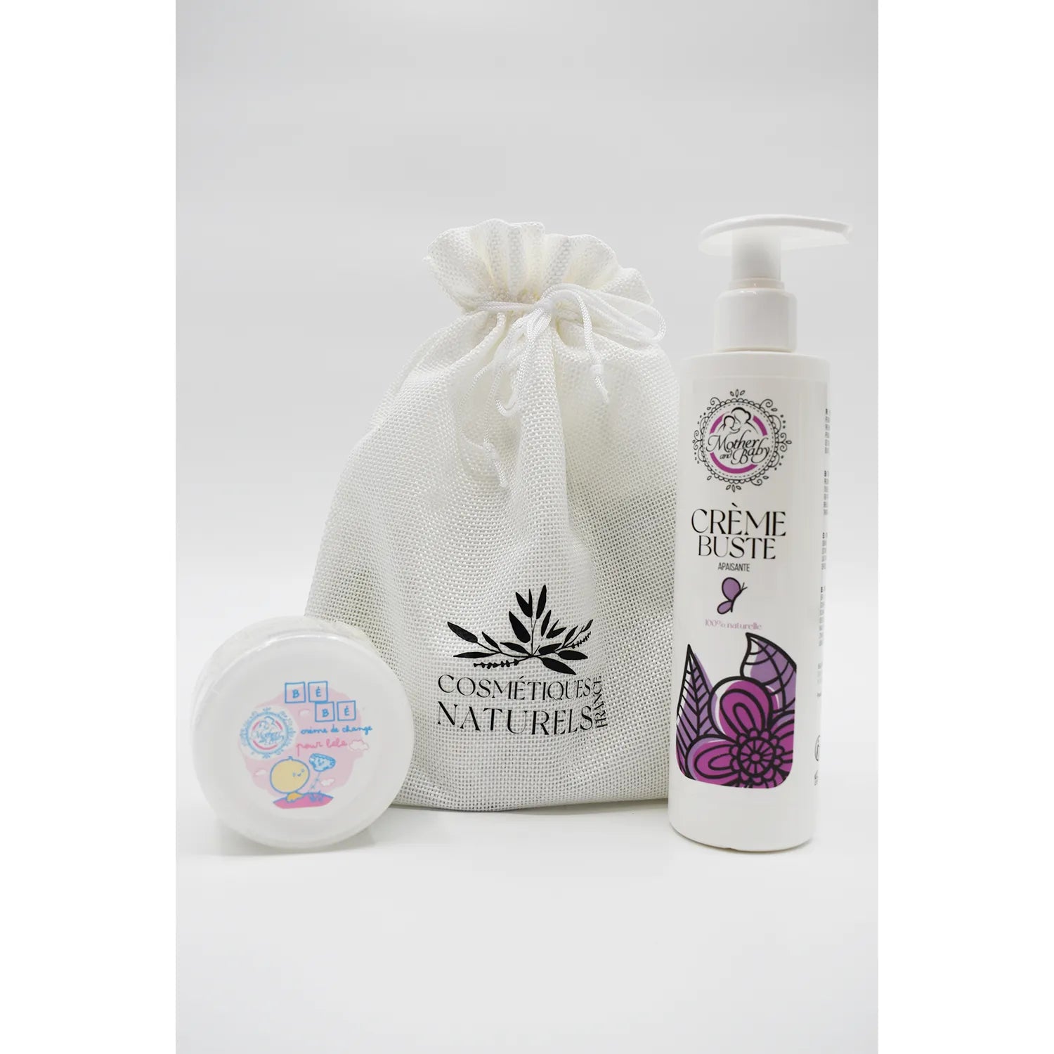 Coffret post-partum avec crème apaisante buste et crème change bébé, emballage blanc et violet, soin naturel.