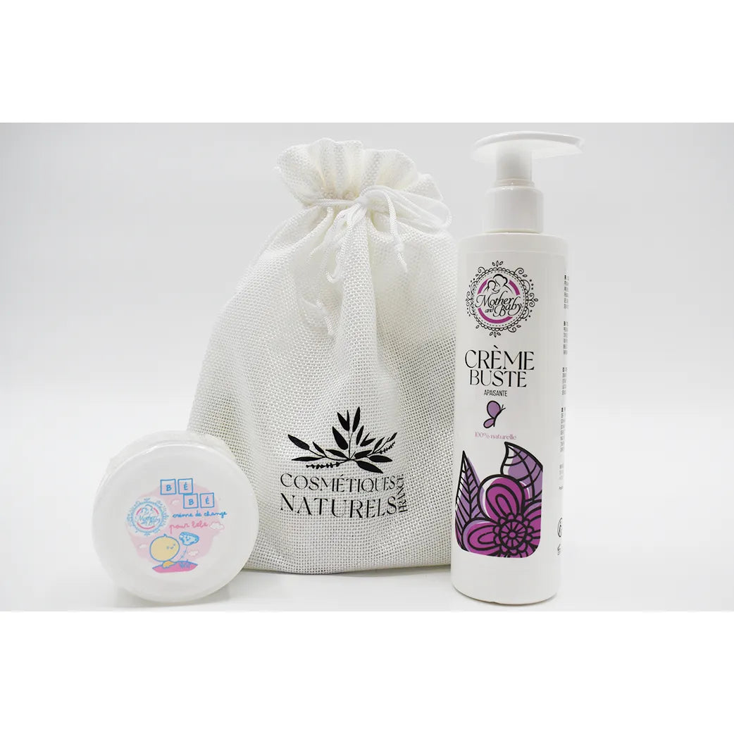 Coffret post-partum avec crème apaisante et crème change bébé, flacons blancs, motifs violets, sac en tissu naturel.