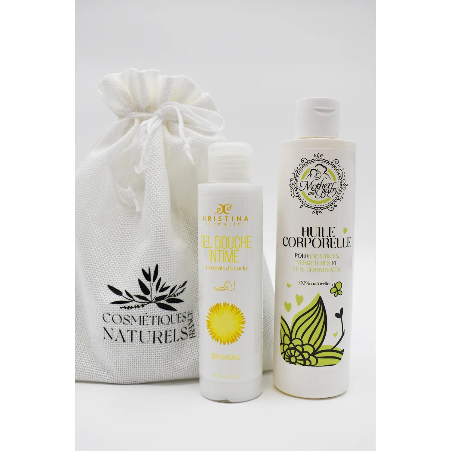 Coffret maternité avec huile vergetures et gel douche intime acacia, flacons blancs, ingrédients naturels, soin grossesse.