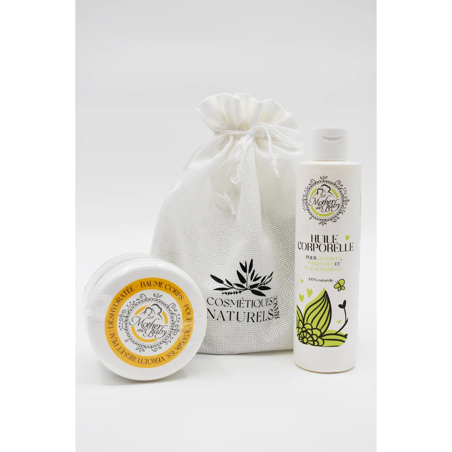 Coffret rituel vergetures: huile et baume naturels dans un sac blanc, hydratation grossesse, soin cicatrices.