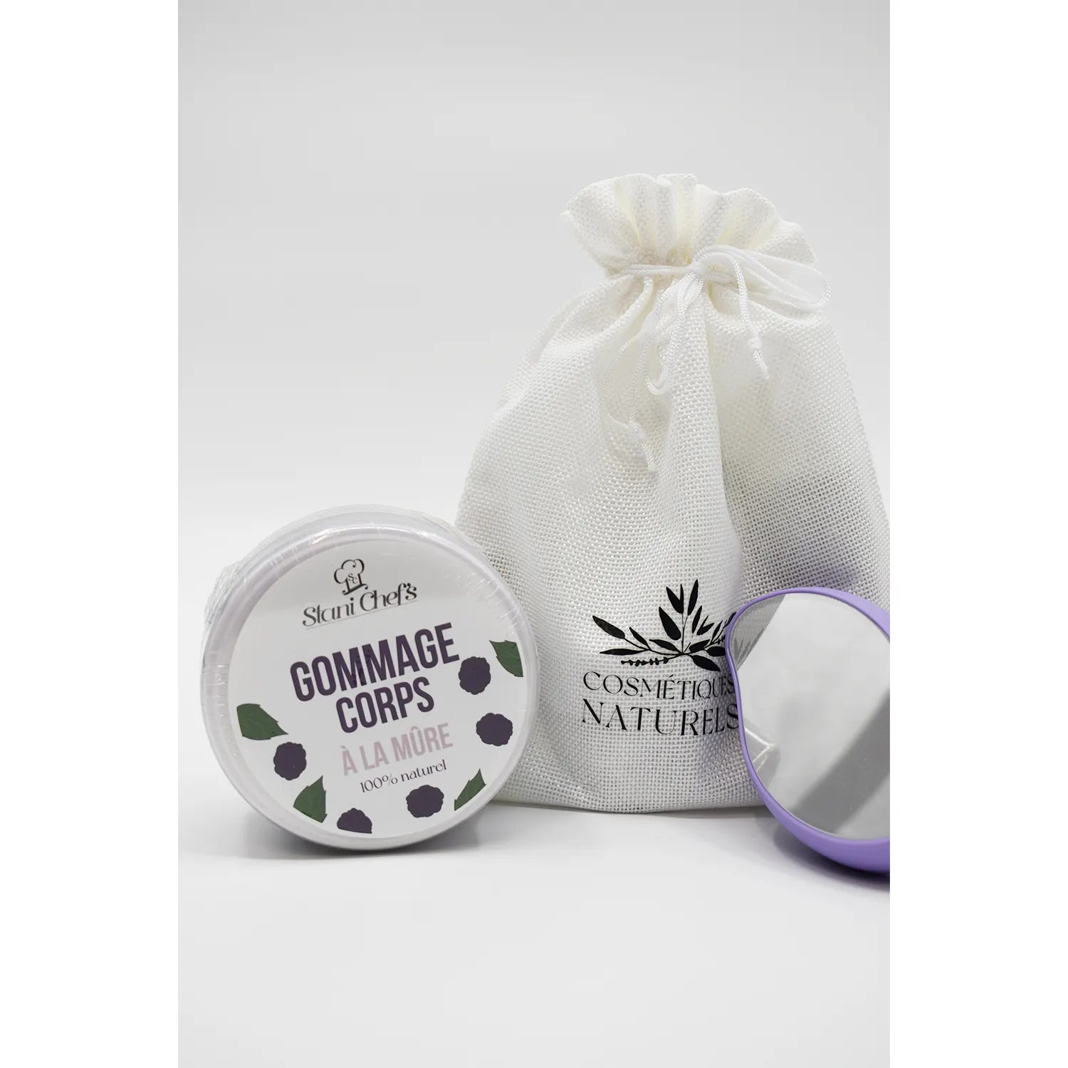 Coffret épilation naturel avec gomme dépilatoire, lait gommage mûre sauvage, pochette blanche et miroir violet.