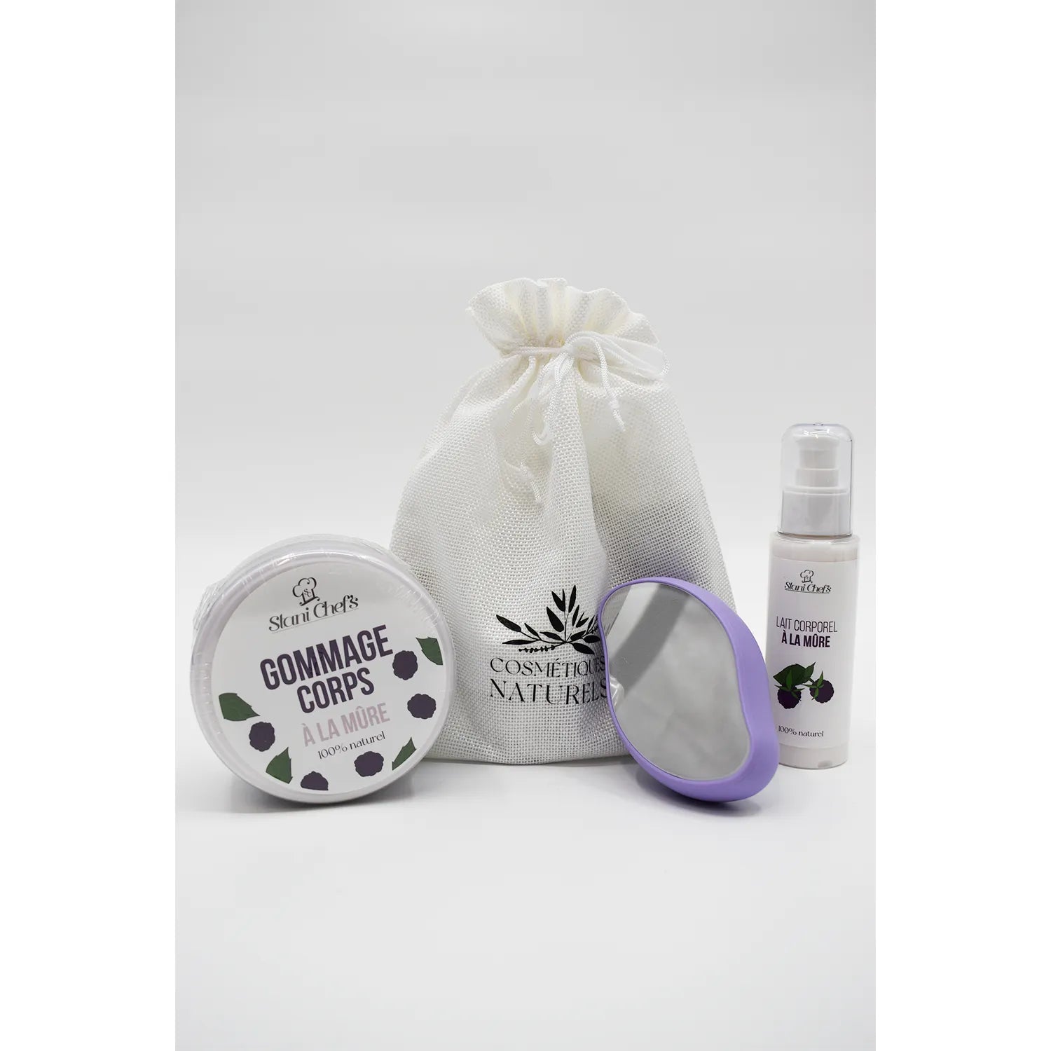 Coffret épilation naturel avec gomme dépilatoire, lait gommage mûre sauvage, et sac en toile, pour peau douce et lisse.