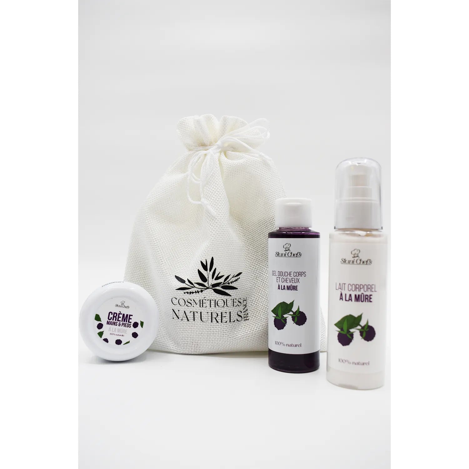 Coffret soin naturel mûre: crème, lait corporel, gel douche, sac blanc; hydratant, antioxydant, parfum fruité.
