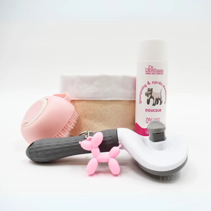 Box chien personnalisée avec shampoing, brosse rose, porte-clé chien, tissu élégant beige, accessoires de bain.