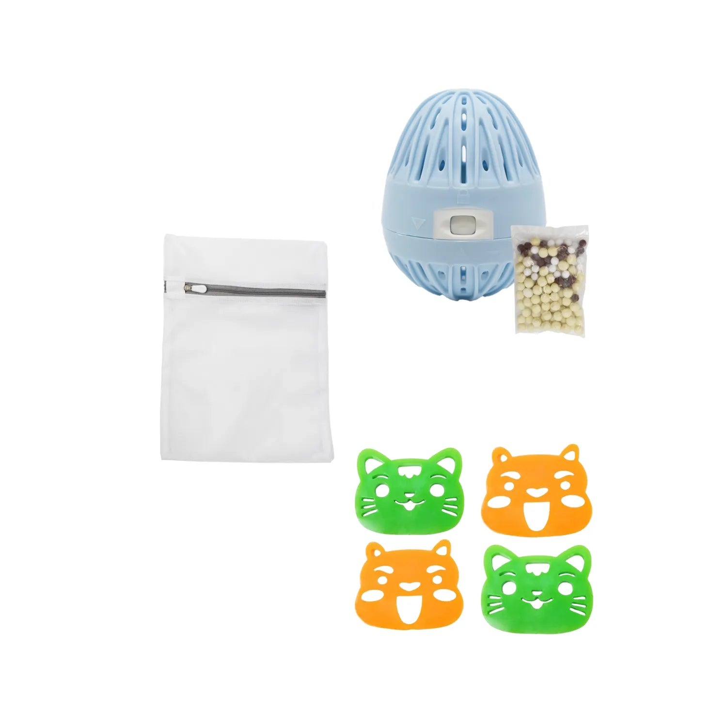 Boule de lavage bleue avec recharge, filet blanc et attrape-poils animaux colorés, pour soin textile efficace.