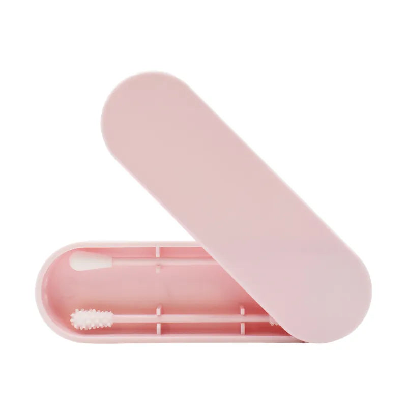 Boîte rose avec cotons-tiges réutilisables en plastique ABS pour maquillage et nettoyage, zéro déchet, écoresponsable.