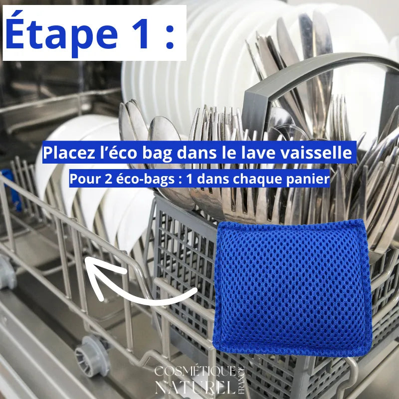 Éco-Bag céramique bleu dans lave-vaisselle avec vaisselle, alternative écologique aux détergents, zéro déchet.