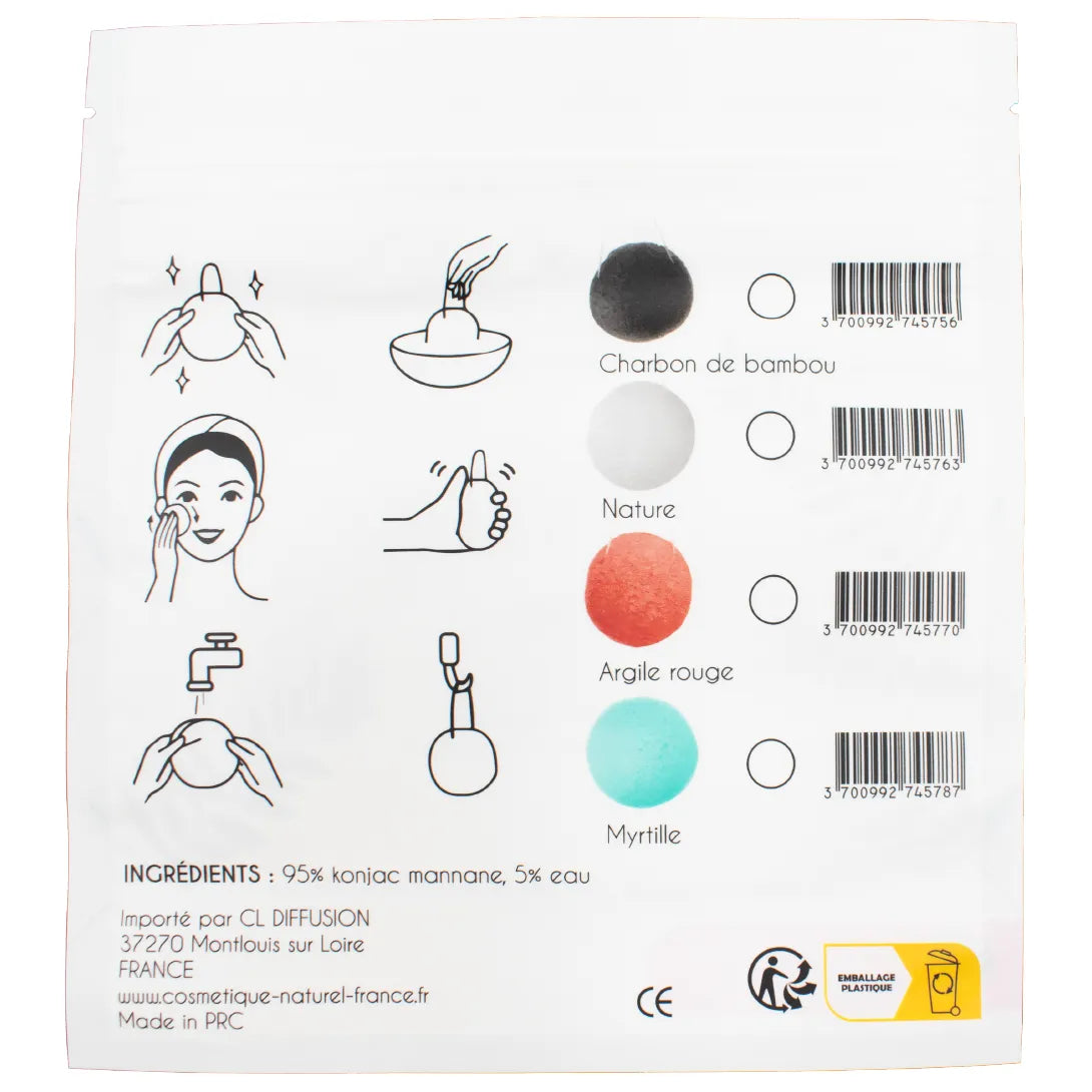 Éponge konjac blanche exfoliante naturelle pour visage, peaux sensibles, compostable, vue de dos avec détails ingrédients.