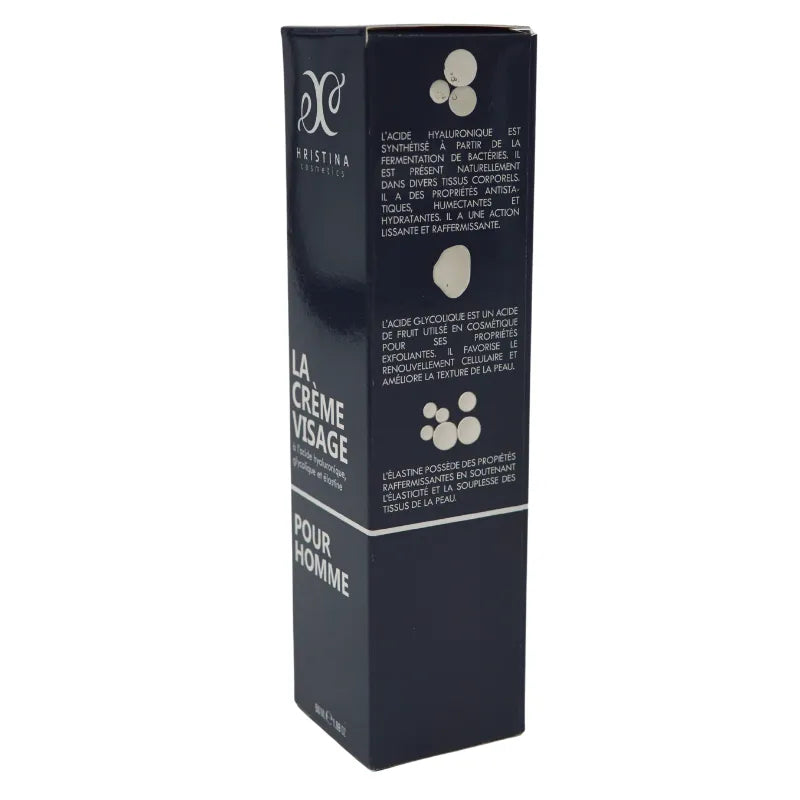 Crème visage homme hydratante, boîte noire élégante, texte blanc, acide hyaluronique, effet liftant, design boisé.