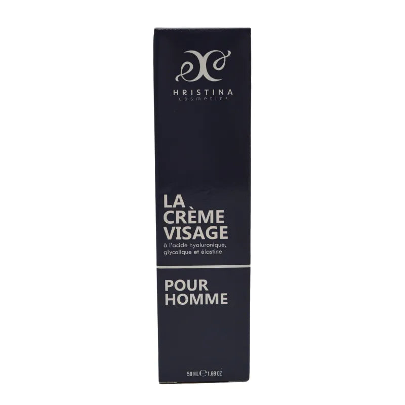 Crème visage homme hydratante, boîte bleue, acide hyaluronique, effet liftant, design élégant, 50 ml.