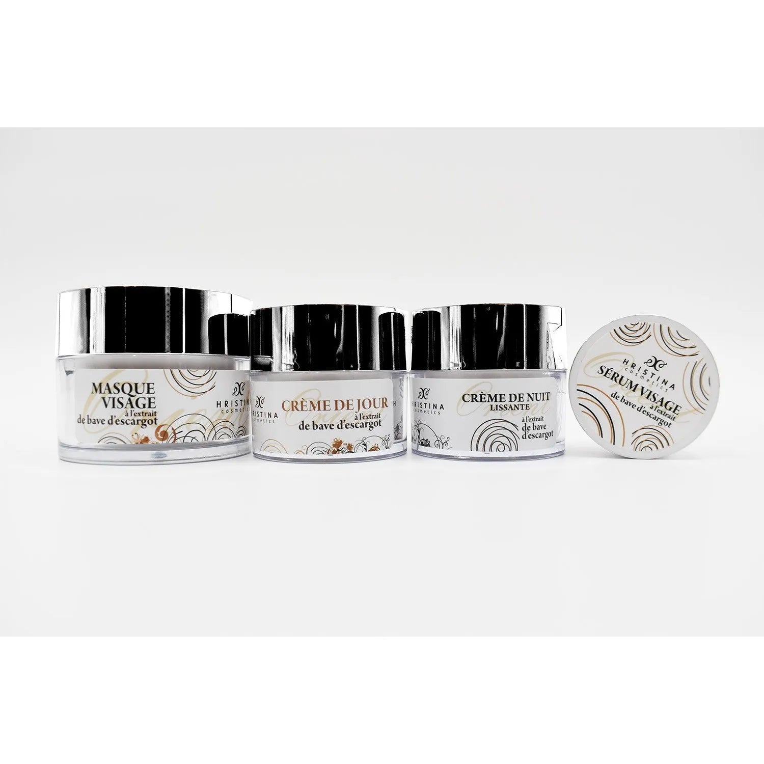 Gommage visage bave d'escargot naturel, pot blanc 100ml, couvercle argenté, soin anti-âge, renouvellement cellulaire.
