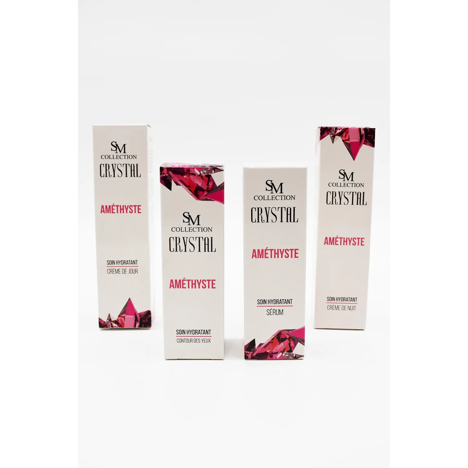 Crème contour yeux améthyste hydratante anti-rides 30ml, boîte blanche et violette, design élégant.