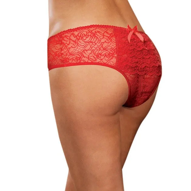 Culotte ouverte rouge avec froufrous et nœud, lingerie sexy en polyester spandex, taille plus, vue de côté.
