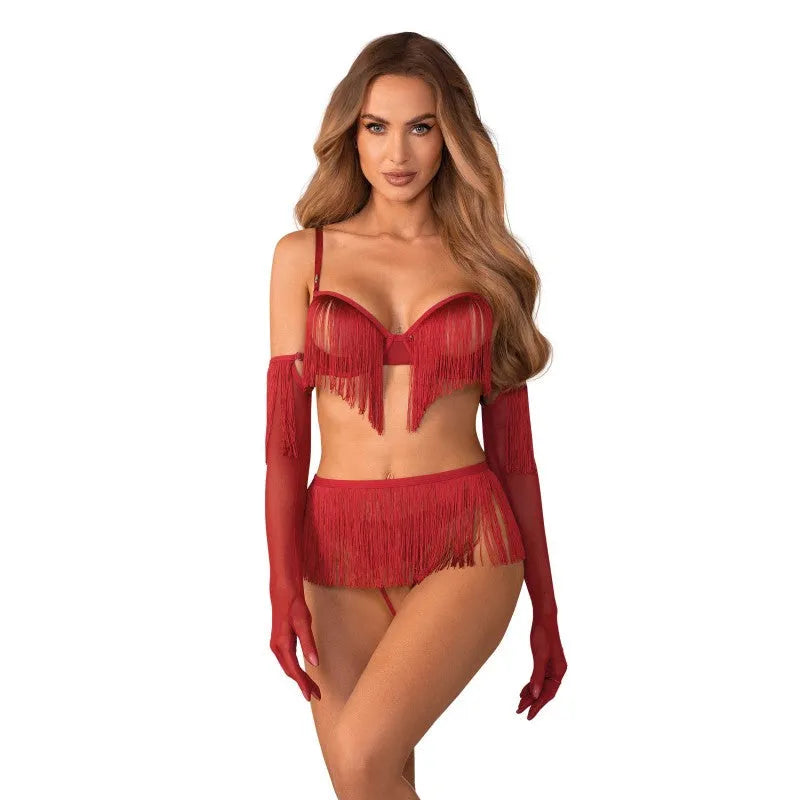 Ensemble lingerie rouge audacieux 4 piĂšces soutien-gorge ouvert string gants