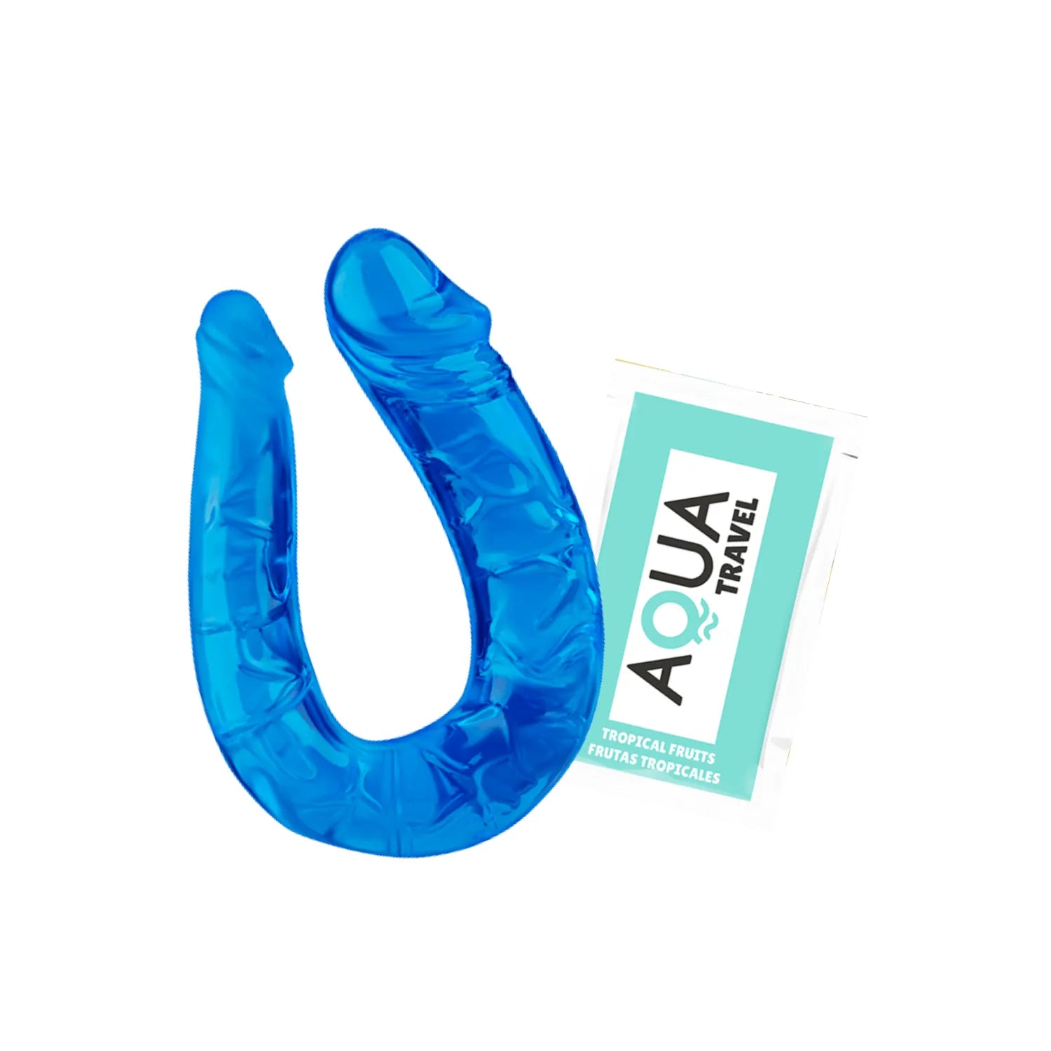 Double dong flexible bleu translucide en TPE, 26 cm, avec deux extrémités pour stimulation réaliste et confort optimal.