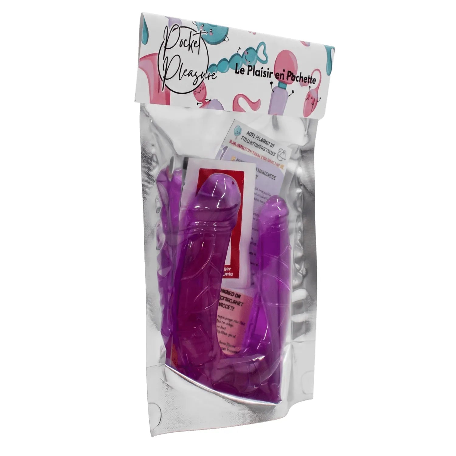 Double dong violet translucide en TPE, flexible, avec deux extrémités de tailles différentes, emballé dans un sachet.