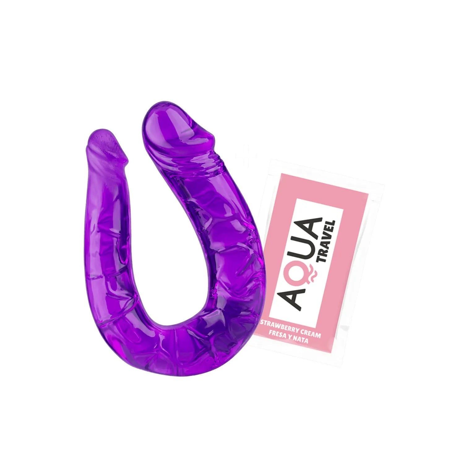 Double dong violet translucide en TPE, flexible avec extrémités réalistes, pour stimulation double, sur fond blanc.