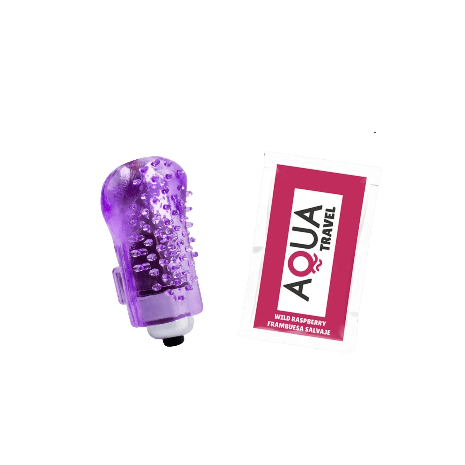 Doigt vibrant violet translucide avec manchon texturé et picots, accompagné d'un sachet Aqua Travel.