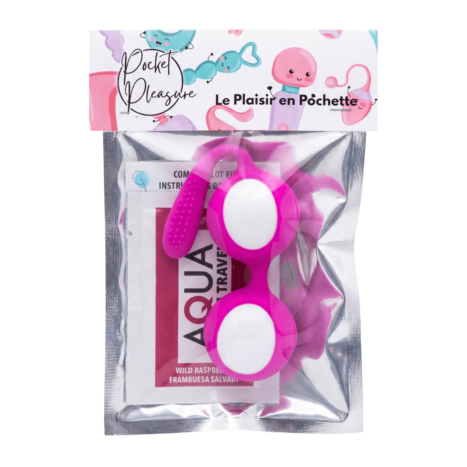 Boules de Geisha fuchsia en silicone, amovibles, pour rééducation périnéale, dans un emballage transparent élégant.