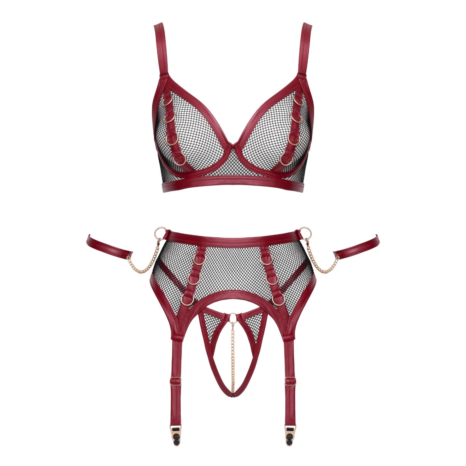 Ensemble jarretelles bondage résille noire et rouge foncé avec menottes et chaînes, style séduisant et provocant.
