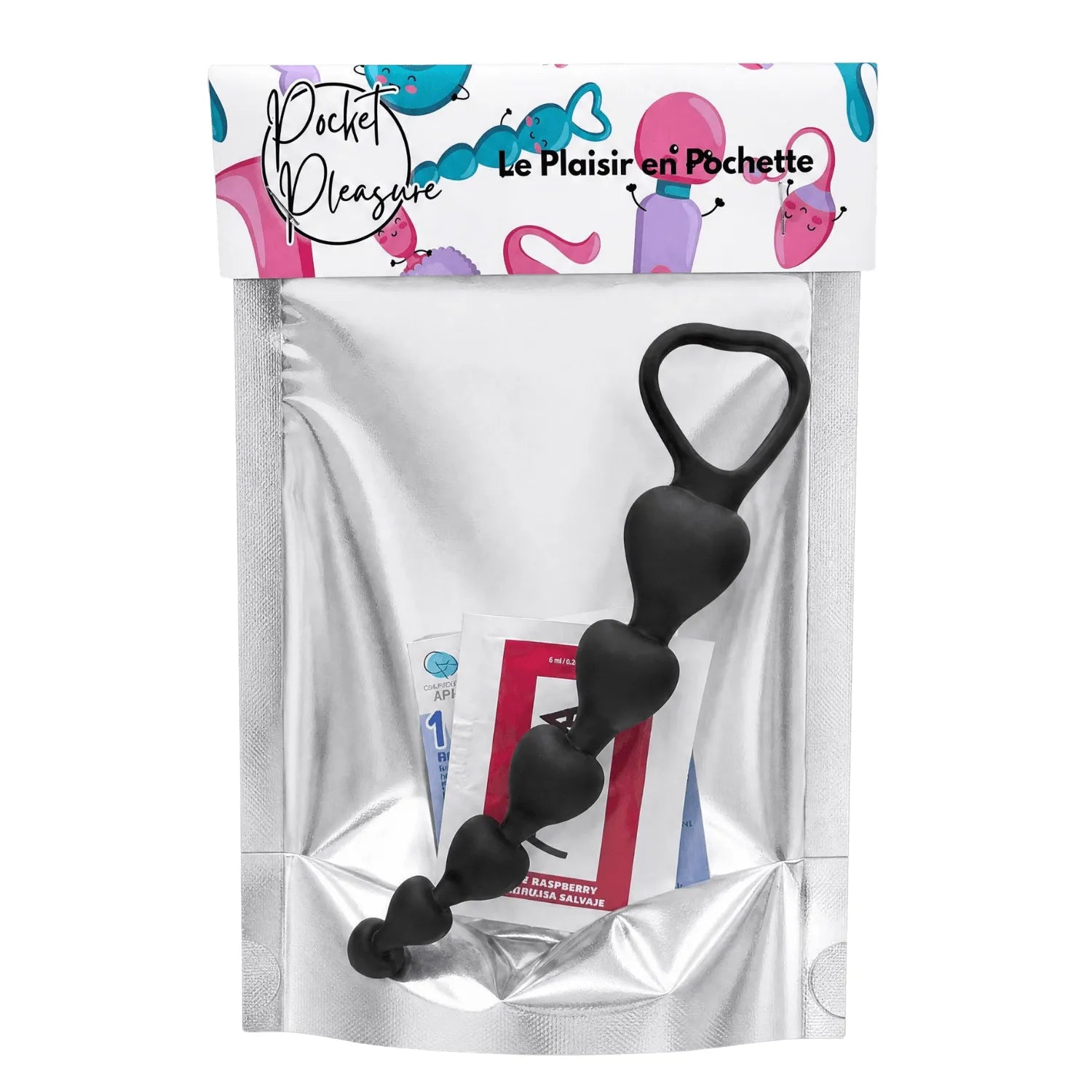 Chapelet anal silicone noir, boules en cœur, poignée ergonomique, emballage coloré, idéal débutants, plaisir sécurisé.
