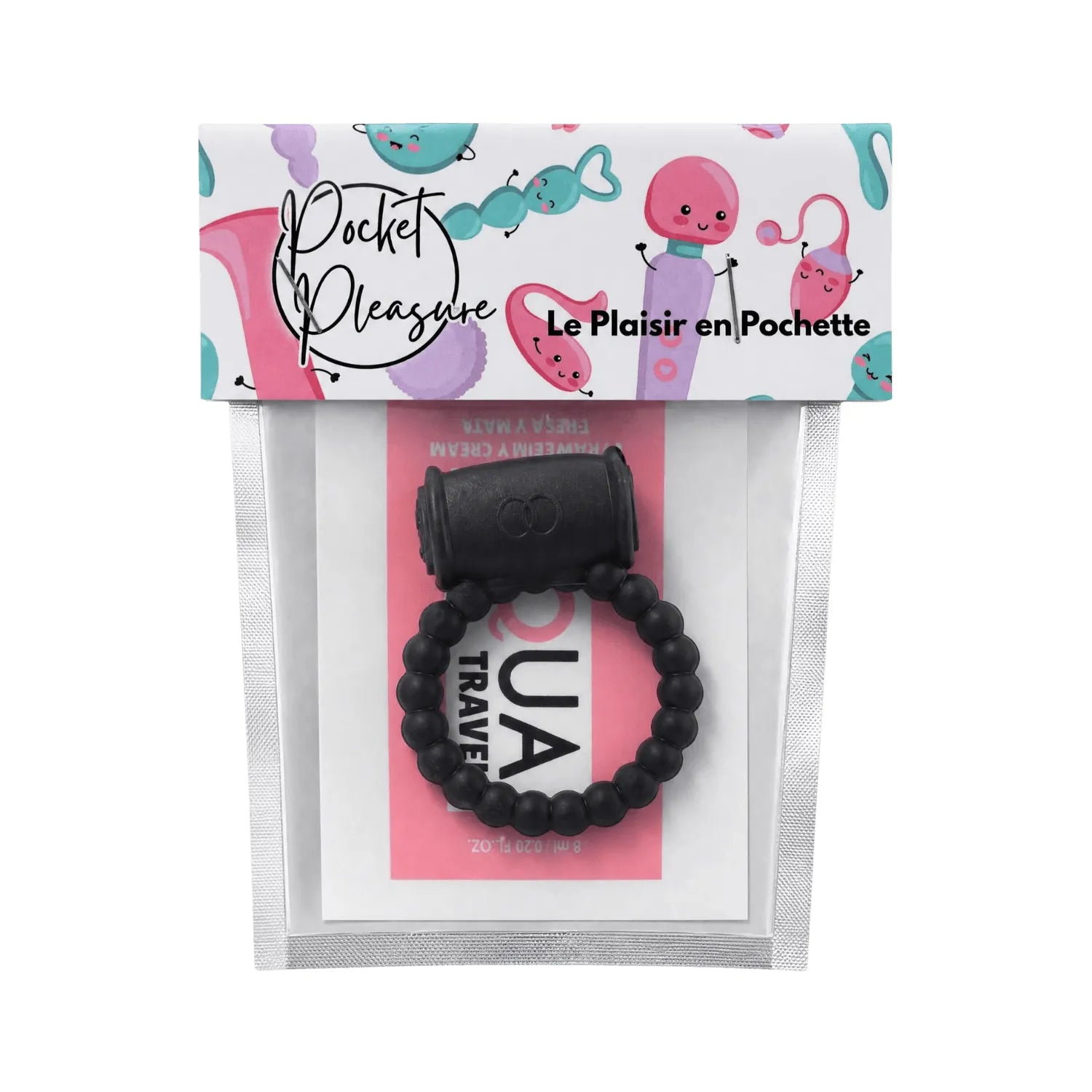 Cockring vibrant noir mat perlé en silicone avec bullet amovible, présenté dans un emballage coloré et ludique.