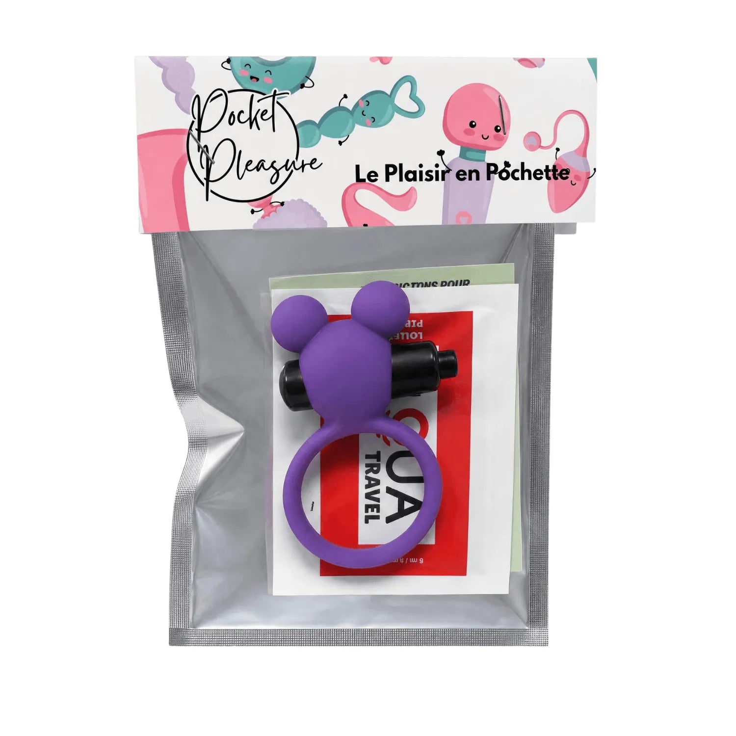 Anneau vibrant ourson violet en silicone, design kawaii, stimulation double, emballage transparent, plaisir pour couples.
