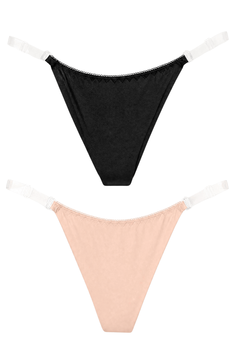 Lot de 2 strings sans coutures Mapalé, noir et nude, avec lanières transparentes et régleurs pour ajustement discret.