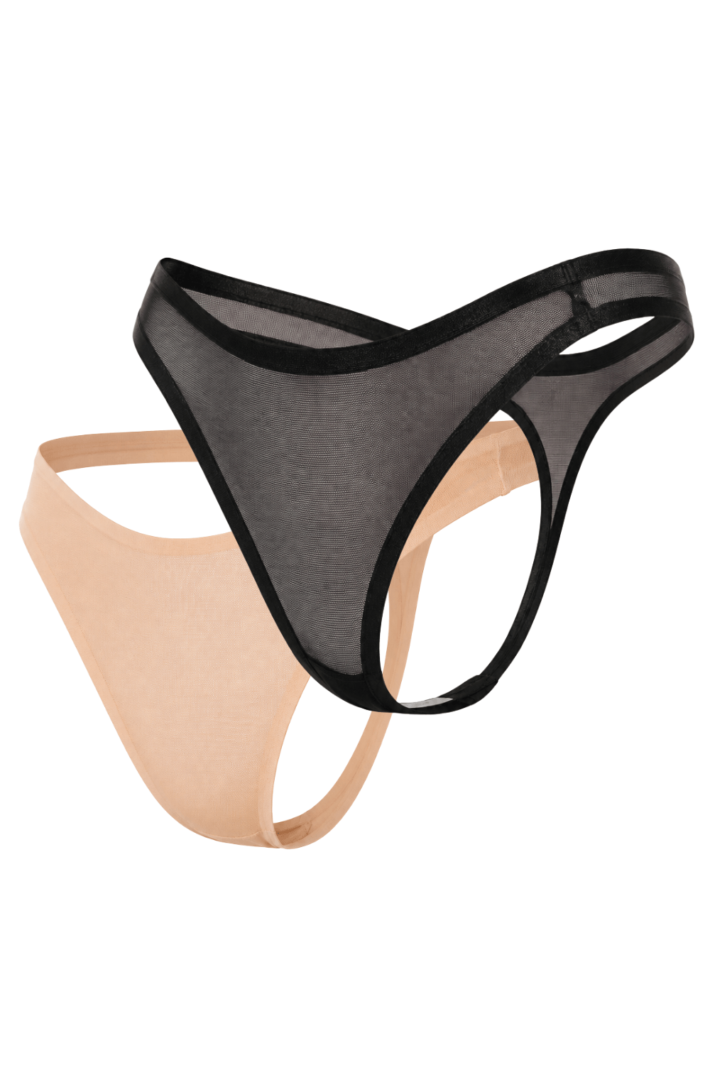 Lot de 2 strings invisibles en résille noire et nude, coupe échancrée, taille fine, matière transparente et extensible.